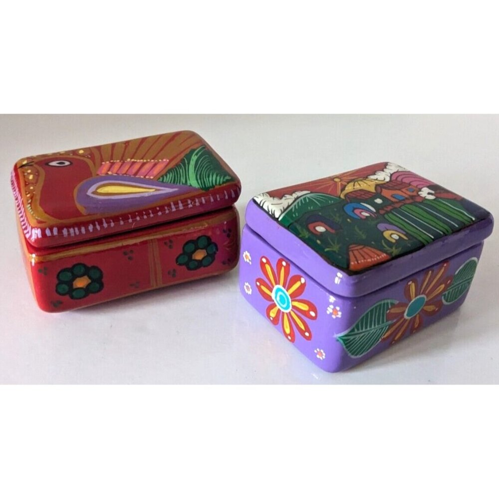 Lot Of 2 Folk Art Pottery Trinket Boxes Tonala Mexico Handmade Terracotta 3.5 in